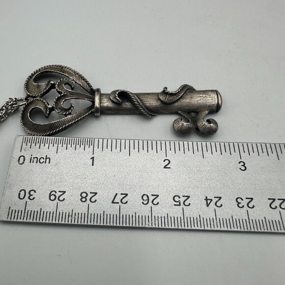 3/$30 Vintage Key Pendant Necklace Silver Ornate Scroll Design Long Chain 30" - Picture 11 of 14